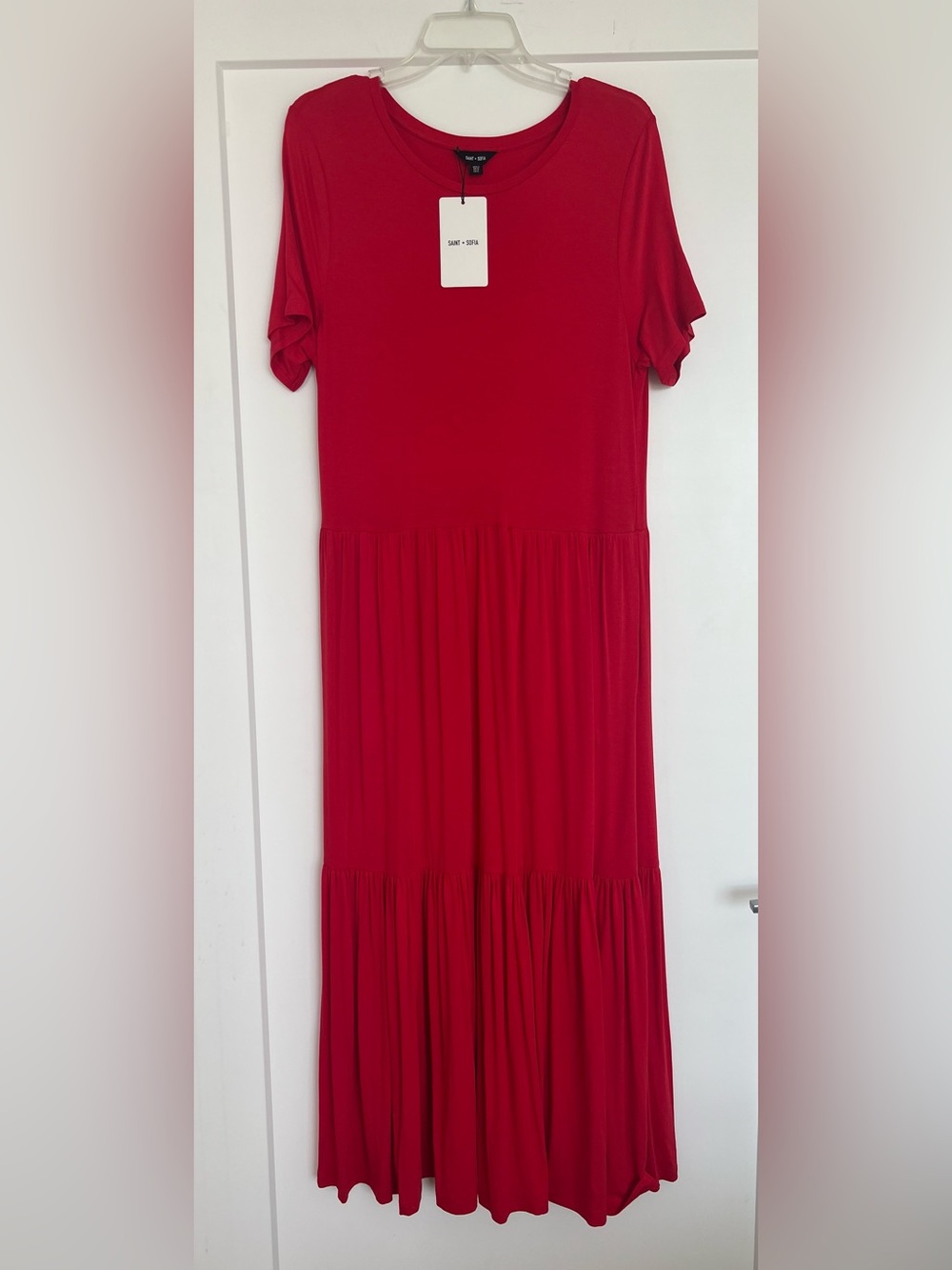 Saint & Sofia Greenwich Short Sleeve Jersey Tiered Midi Dress Red Size 12